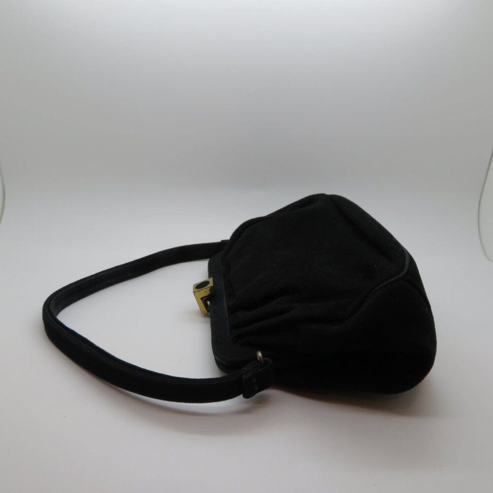 Vintage Black Suede Evening Bag Top Handle Purse Gold Clasp - Picture 6 of 12